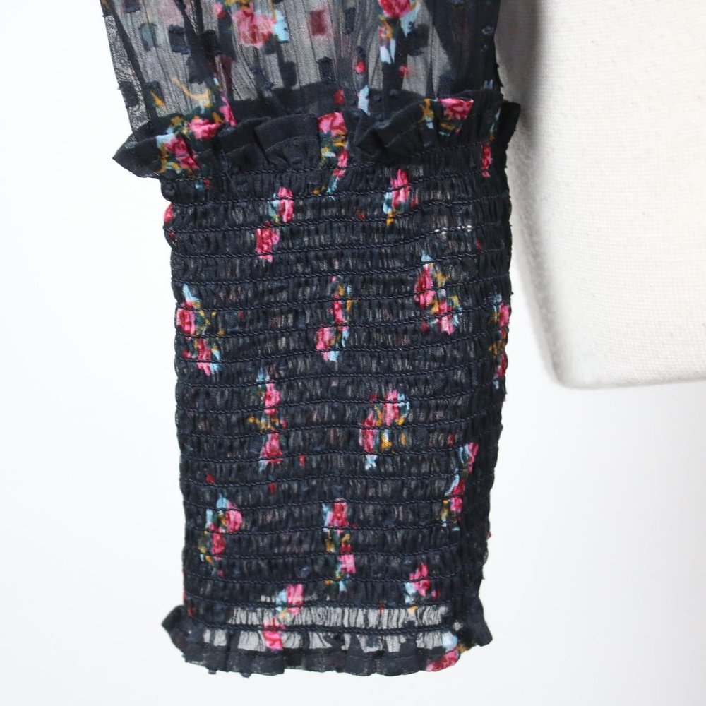 Free People Womens Small Floral Swiss Dot Pleated Sheer Blouse Top - Picture 4 of 5